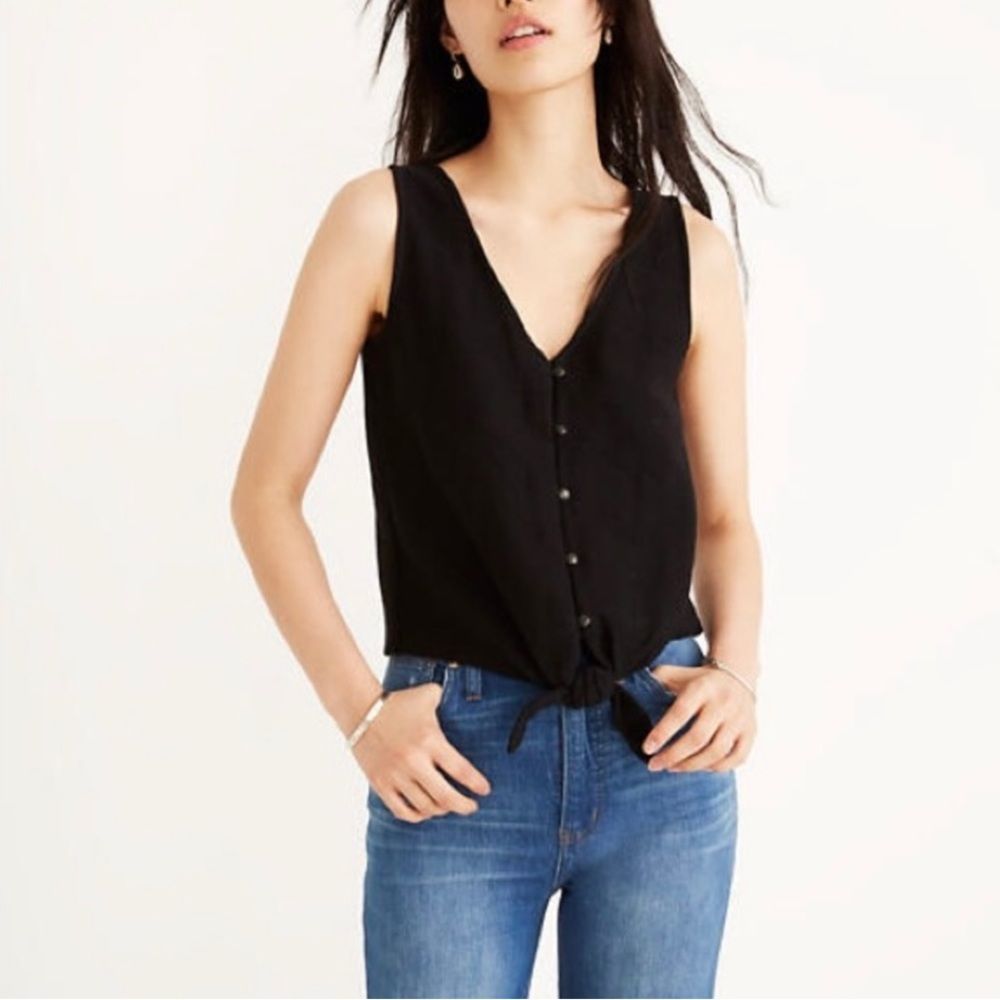 Madewell 100% Cotton Button-Front Tie Ribbed Tank Top Black Size M